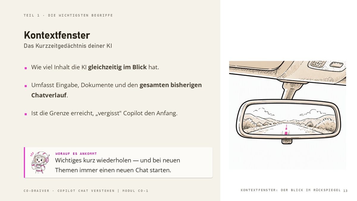 Schulungsfolie: Kontextfenster als Blick in den Rückspiegel